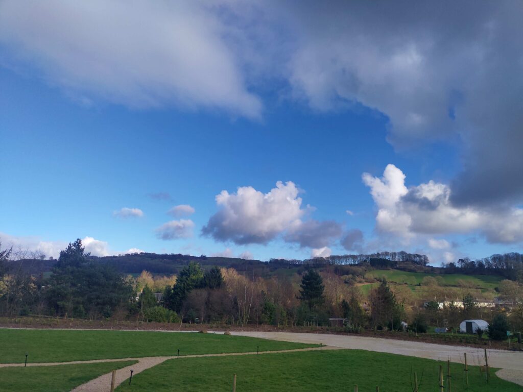 Countryside views with blue sky from Birch Tree Pod